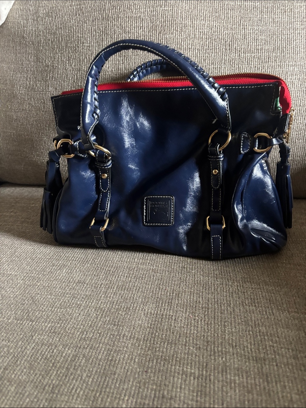 Dooney & Bourke Navy Leather Satchel with Red Accent